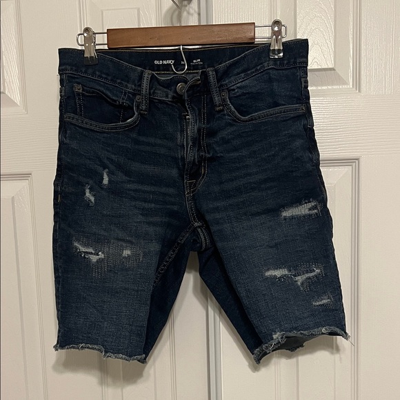 Old Navy Men's Distressed Dark Blue Jean Shorts - Picture 1 of 3